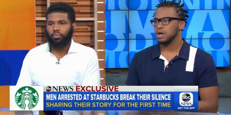 Robin Roberts of “Good Morning America” interviews Rashon Nelson, left, and Donte Robinson in April about the Starbucks incident.